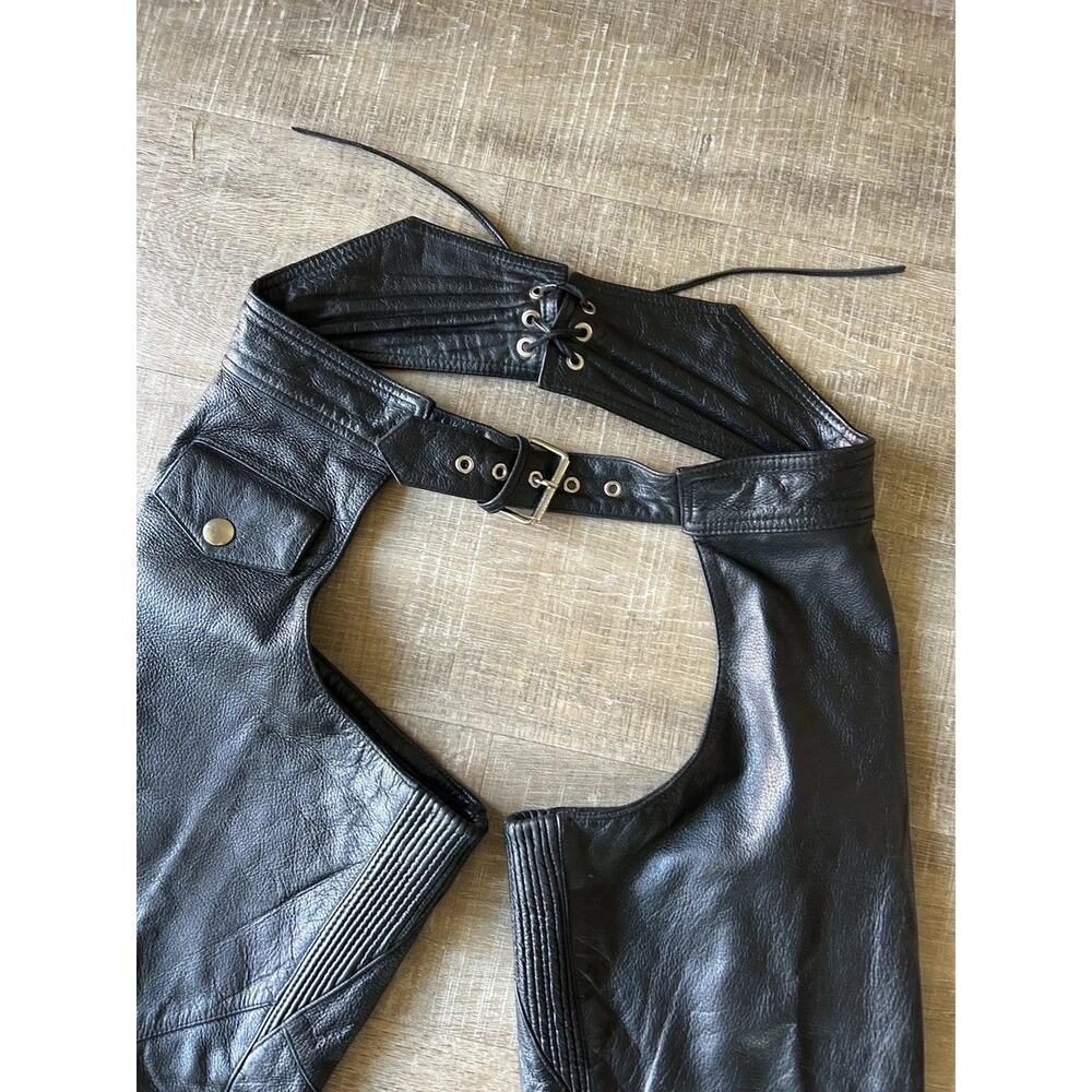 Wilsons Leather Black Motorcycle Chaps Womens M Rear Lace Waist Snap Zip - Picture 6 of 16